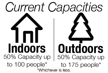 Indoor/Outdoor Capacities. Indoor: 50% up to 100 people. Outdoor: 50% up to 175 people.